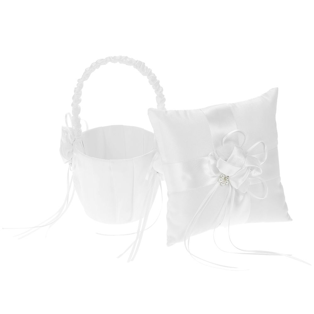 7 * 7 inches Ivory White Satin Flower Bowknot Ring Bearer Pillow and Wedding view 3