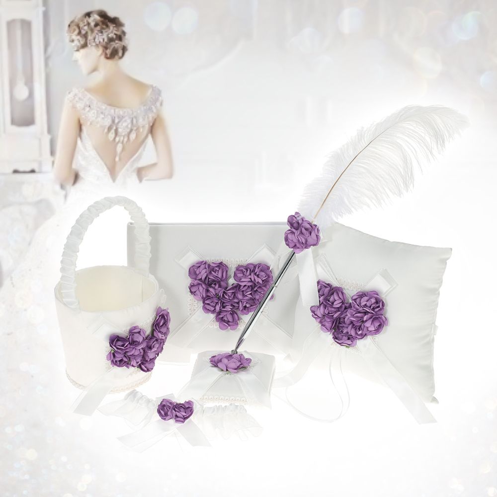 5pcs/set Satin Flower Girl Basket + 7 * 7 inches Ring Bearer Pillow + Guest