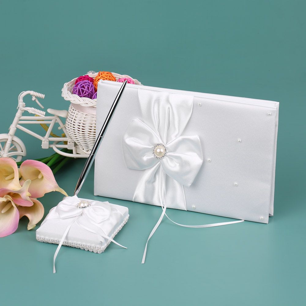 White Satin Ribbon Wedding Guset Signature Book and Pen Stand Set with