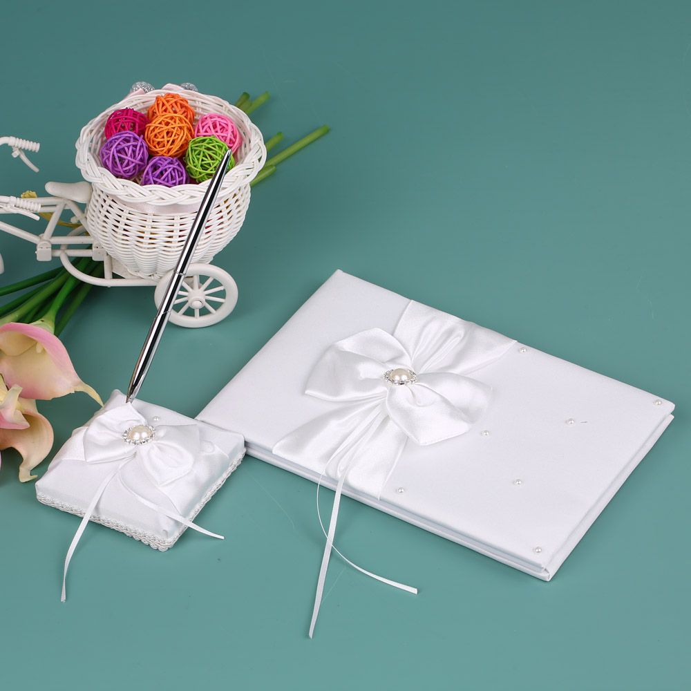 White Satin Ribbon Wedding Guset Signature Book and Pen Stand Set with view 2