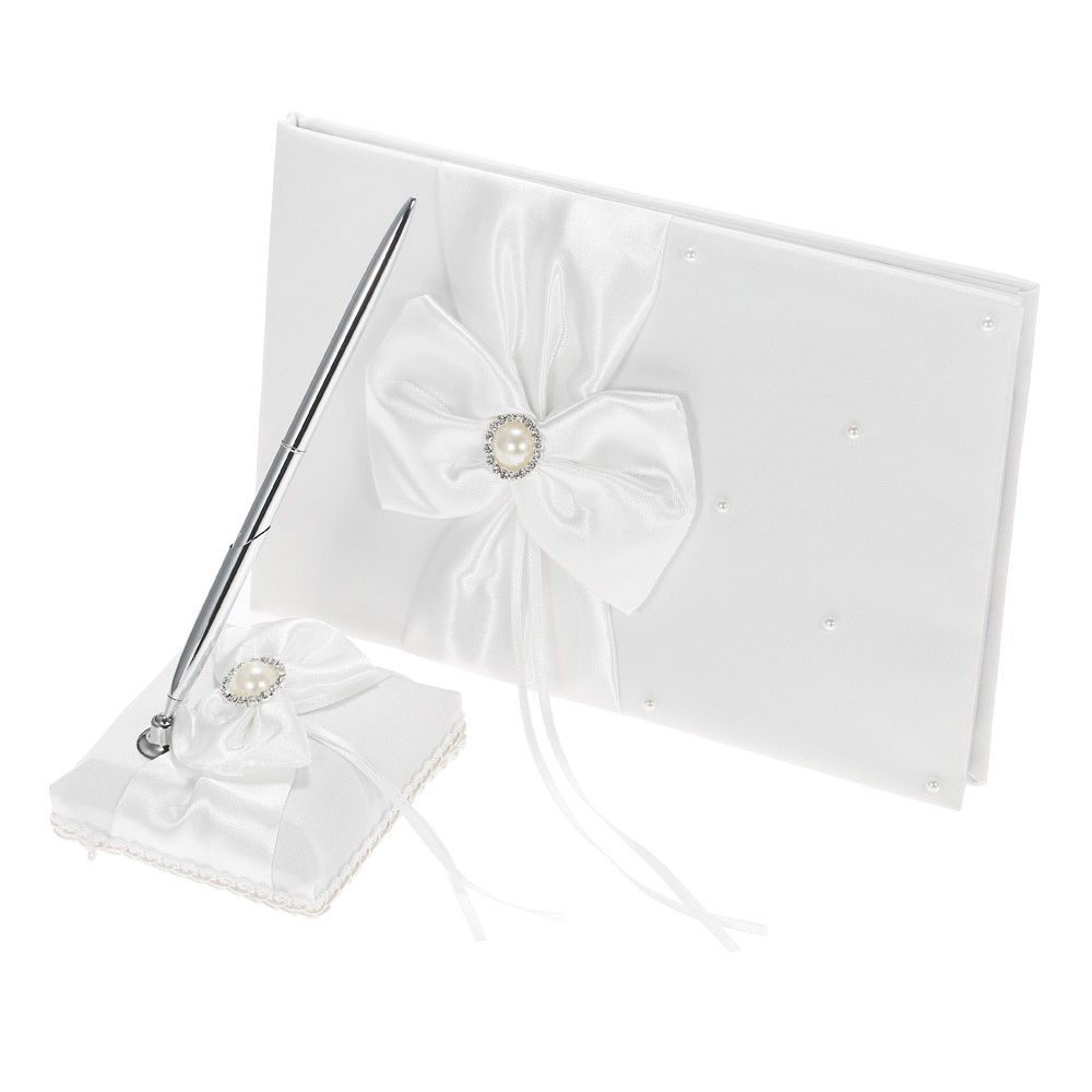 White Satin Ribbon Wedding Guset Signature Book and Pen Stand Set with view 3