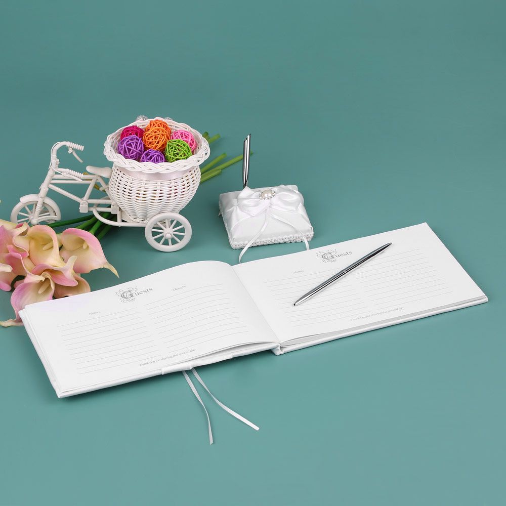 White Satin Ribbon Wedding Guset Signature Book and Pen Stand Set with view 4