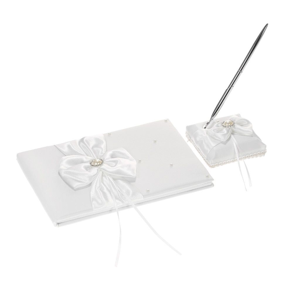 White Satin Ribbon Wedding Guset Signature Book and Pen Stand Set with view 5