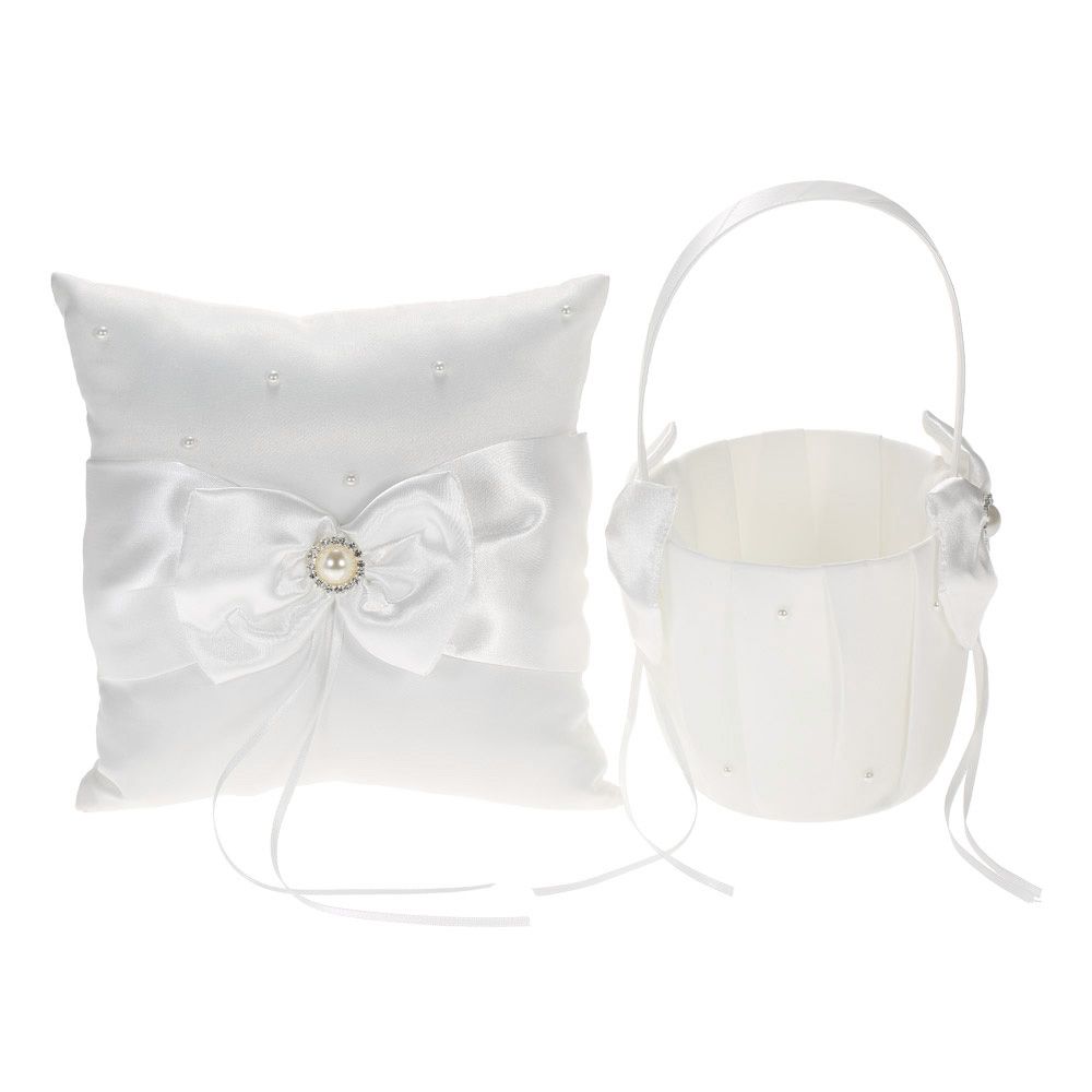 7 * 7 inches White Satin Bowknot Rhinestone Decorated Ring Bearer Pillow and