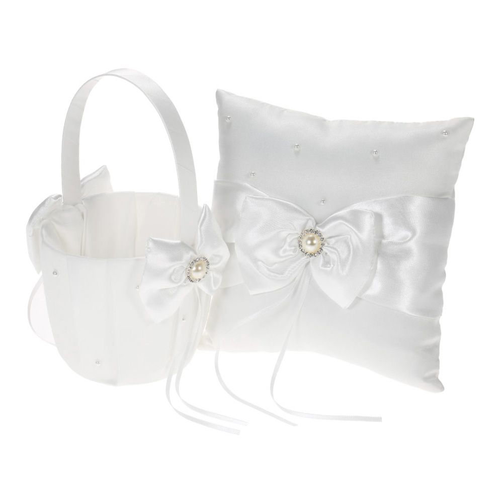 7 * 7 inches White Satin Bowknot Rhinestone Decorated Ring Bearer Pillow and view 2