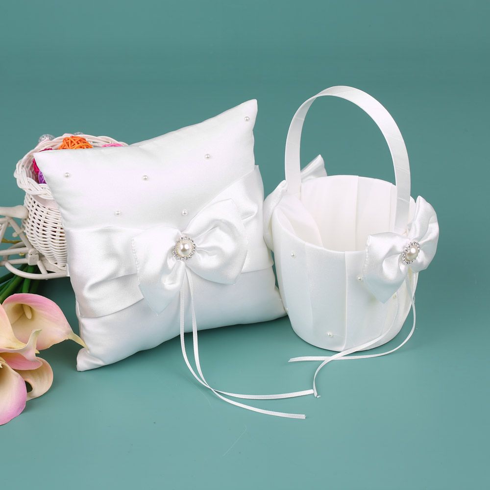 7 * 7 inches White Satin Bowknot Rhinestone Decorated Ring Bearer Pillow and view 4