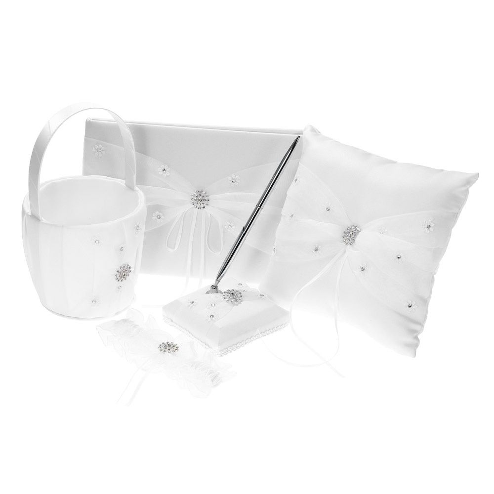 5pcs/set White Wedding Supplies Satin Flower Girl Basket + Ring Bearer Pillow