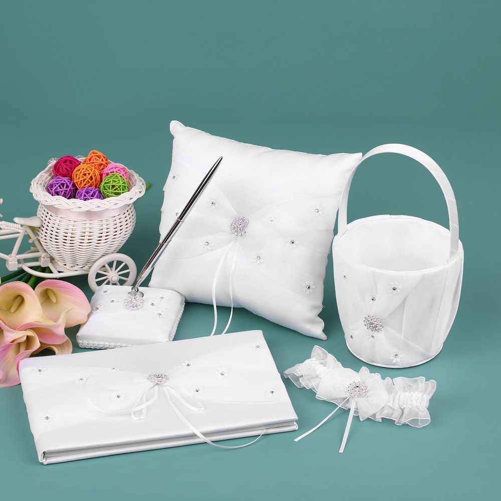 5pcs/set White Wedding Supplies Satin Flower Girl Basket + Ring Bearer Pillow view 4