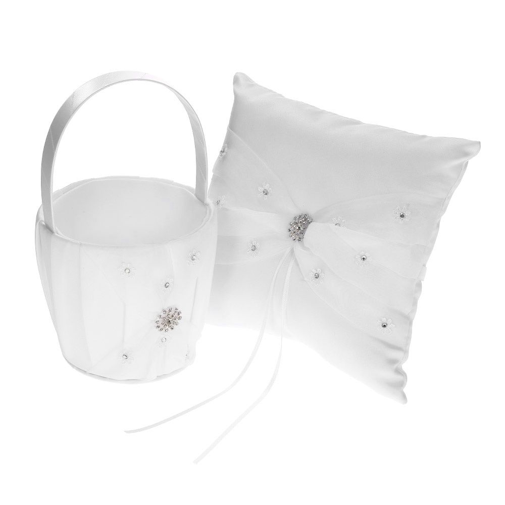 7 * 7 inches White Satin Rhinestone Decorated Ring Bearer Pillow and Wedding