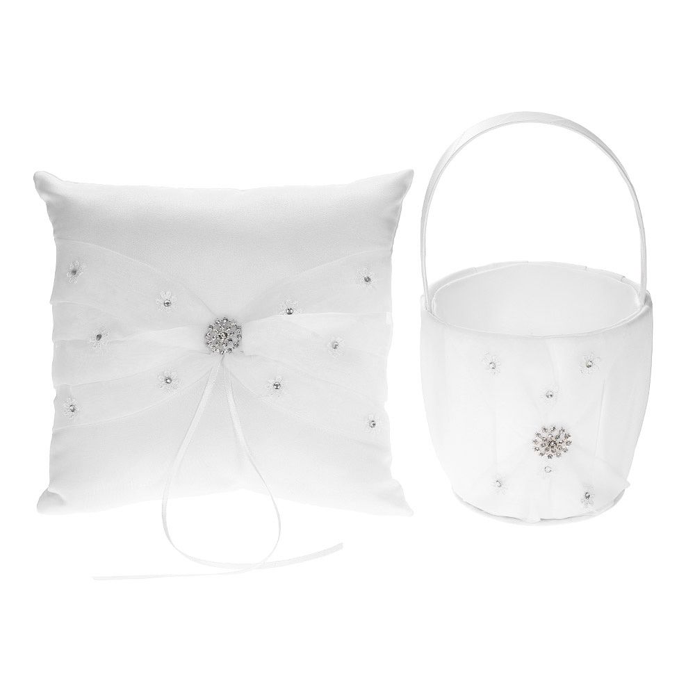 7 * 7 inches White Satin Rhinestone Decorated Ring Bearer Pillow and Wedding view 2