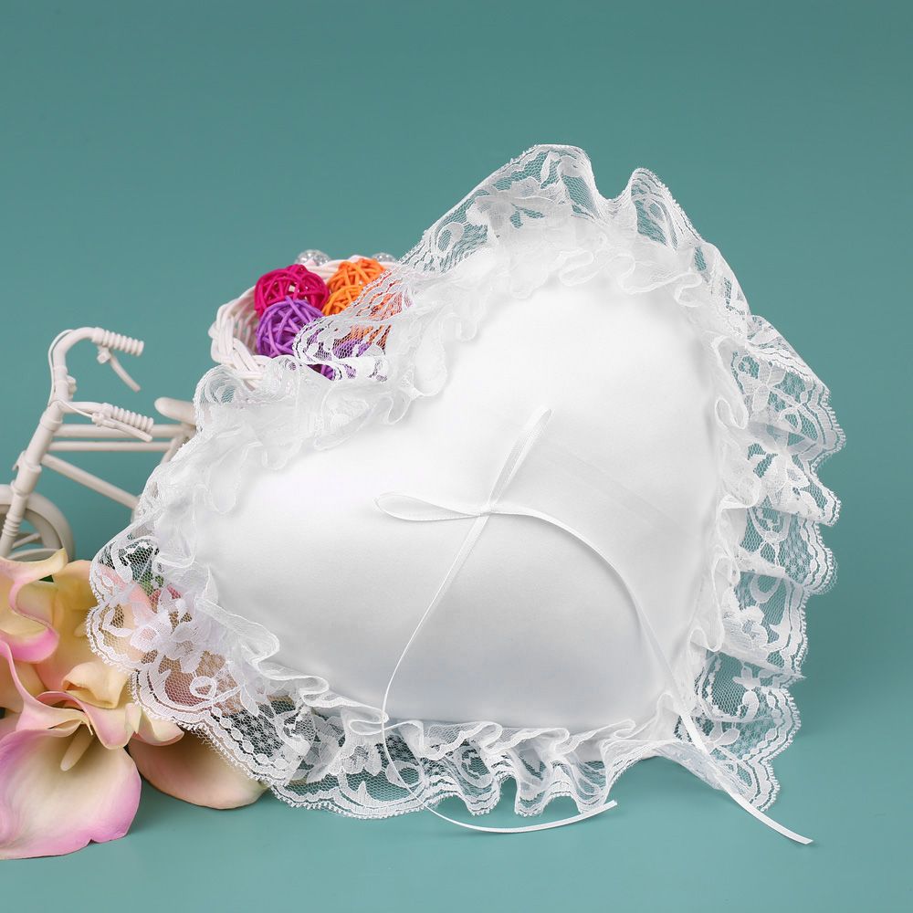 7 * 7 inches White Lace Satin Heart Wedding Ring Bearer Pillow Wedding view 2