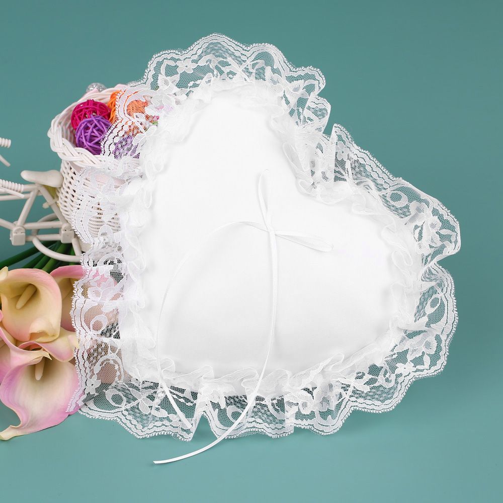 7 * 7 inches White Lace Satin Heart Wedding Ring Bearer Pillow Wedding view 4