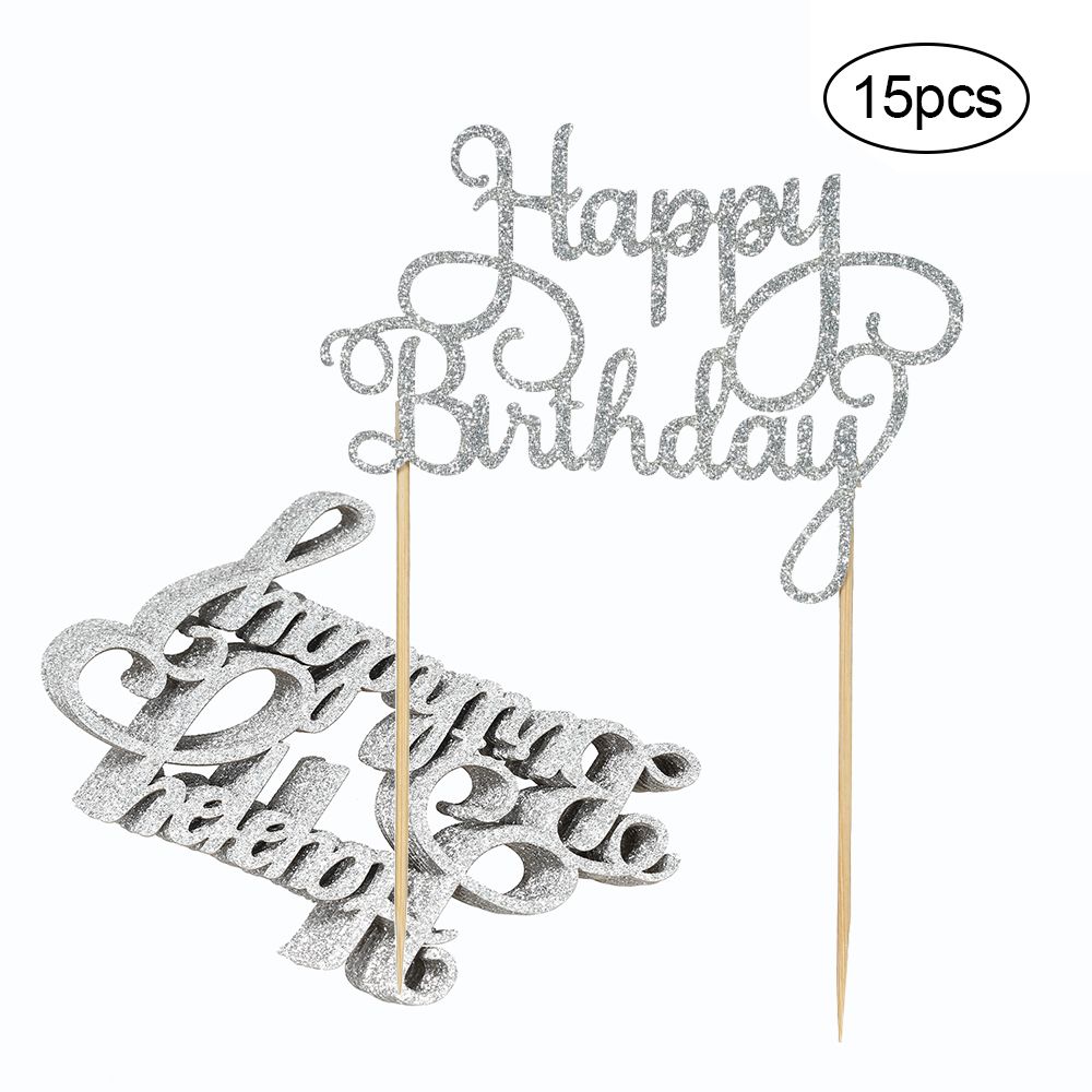 15pcs Glitter Paper Happy Birthday Cake Topper Cupcake Dessert Decoration