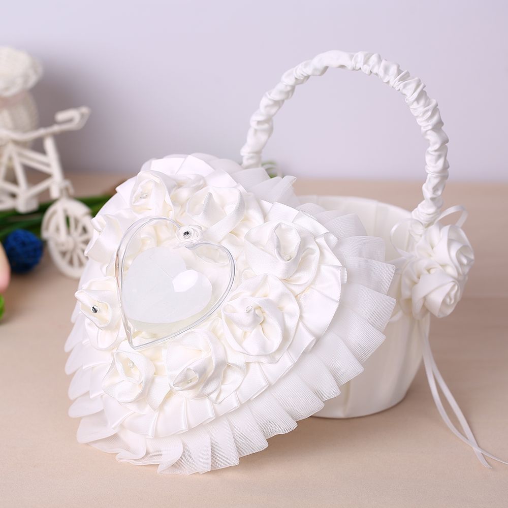 7 * 7 inches White Heart Ring Bearer Pillow and Satin Flower Girl Basket view 2