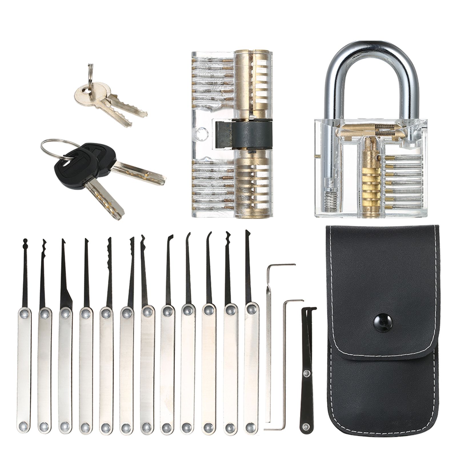 15pcs Lock Picking Set Kit Tool with Two Transparent Practice Training Padlock