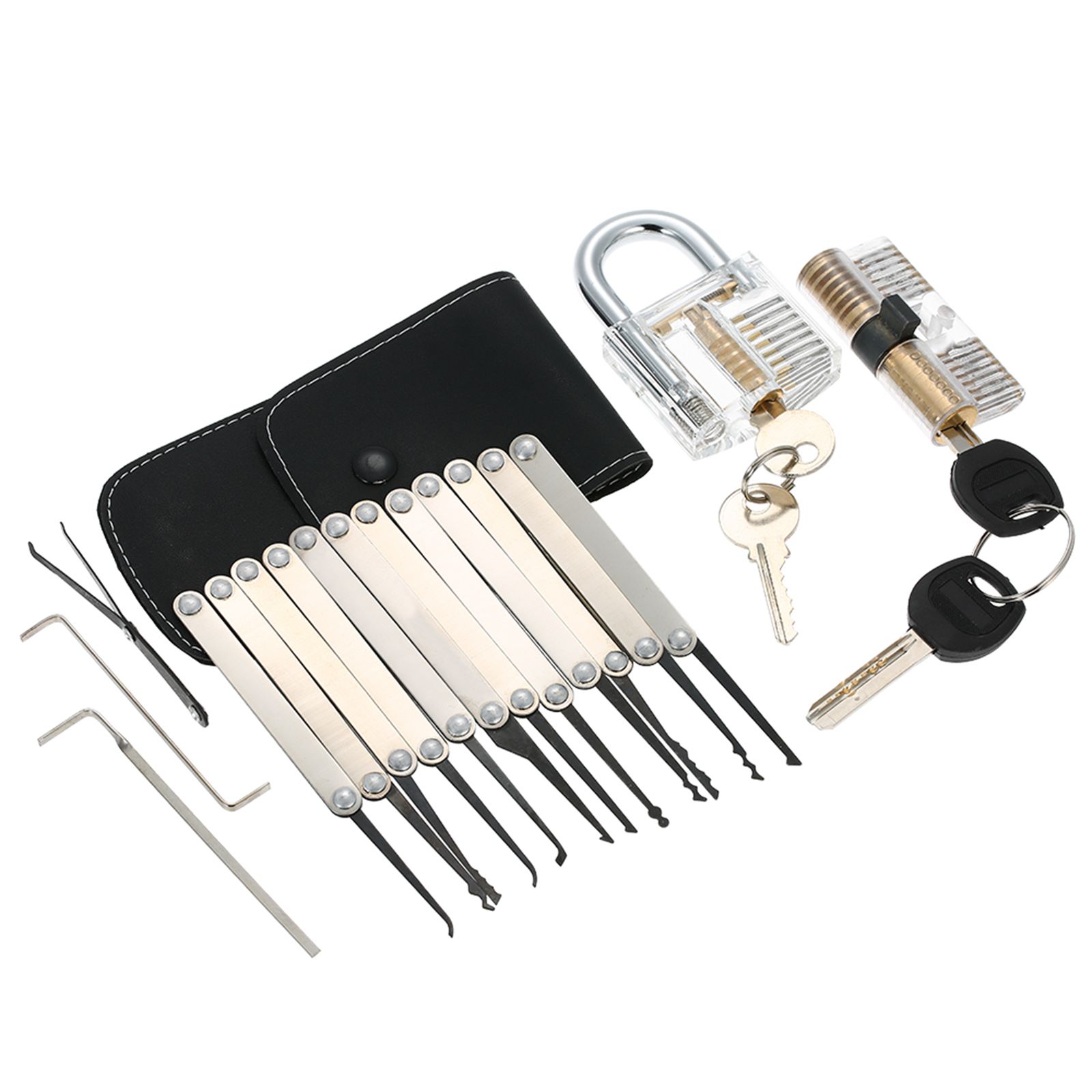 15pcs Lock Picking Set Kit Tool with Two Transparent Practice Training Padlock view 2