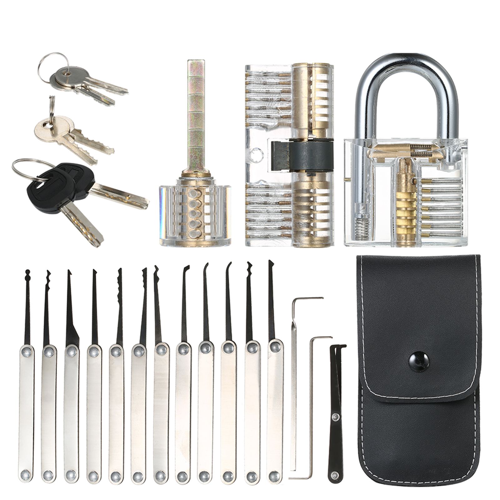 15pcs Lock Picking Set Kit Tool with Three Transparent Practice Training