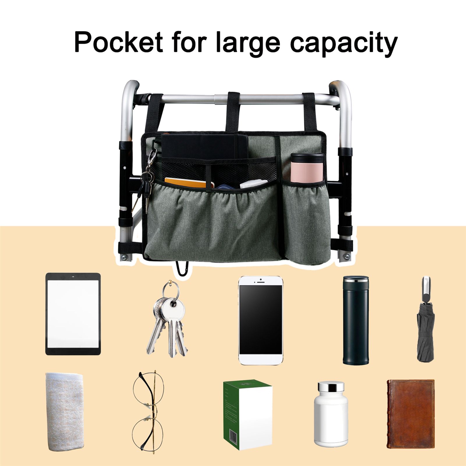 Walker Bag Walker Pouch Attachments Bags with Cup Holder Large Capacity view 3