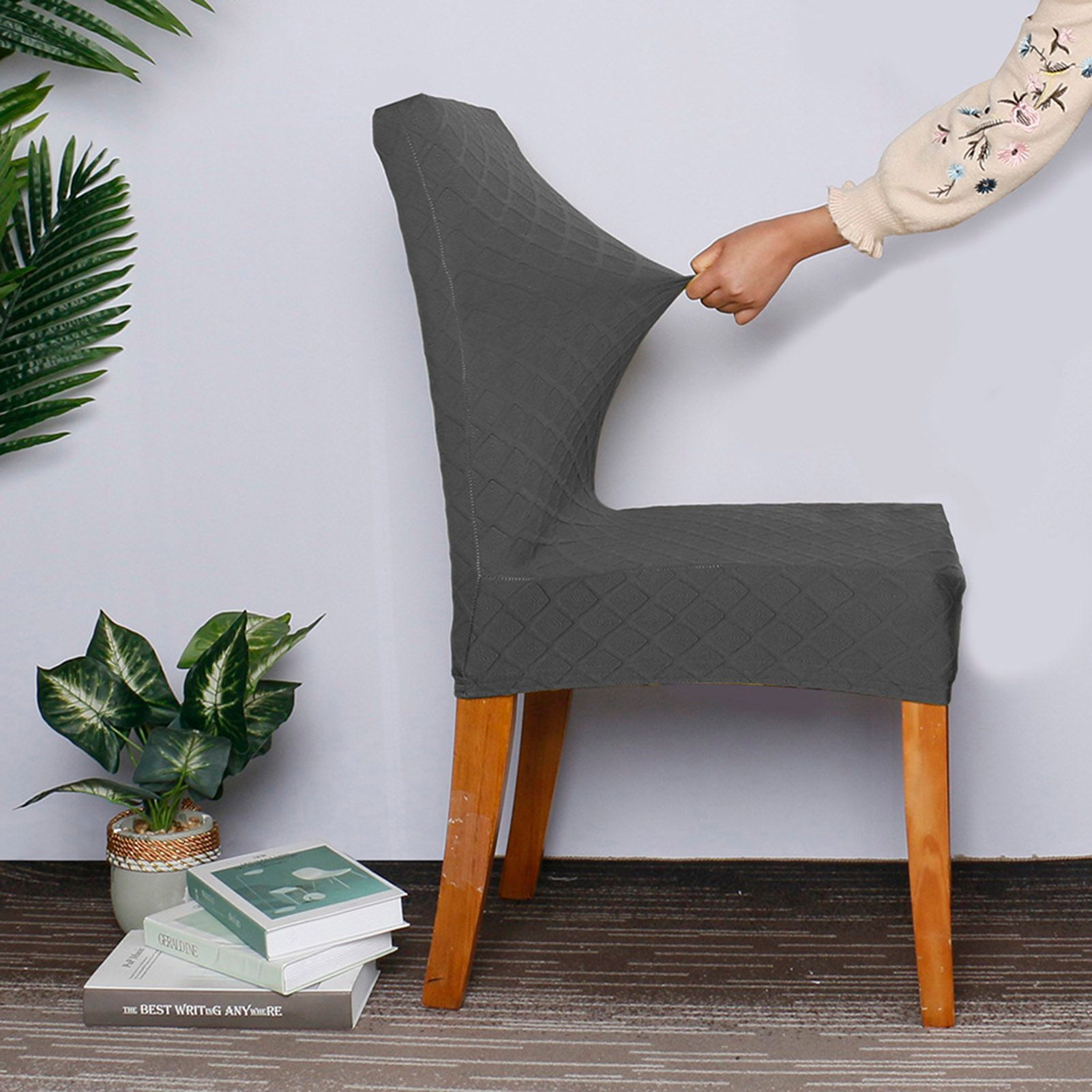 Stretch Solid Diamond Lattice Dining Chair Cover Removable Washable Short view 4