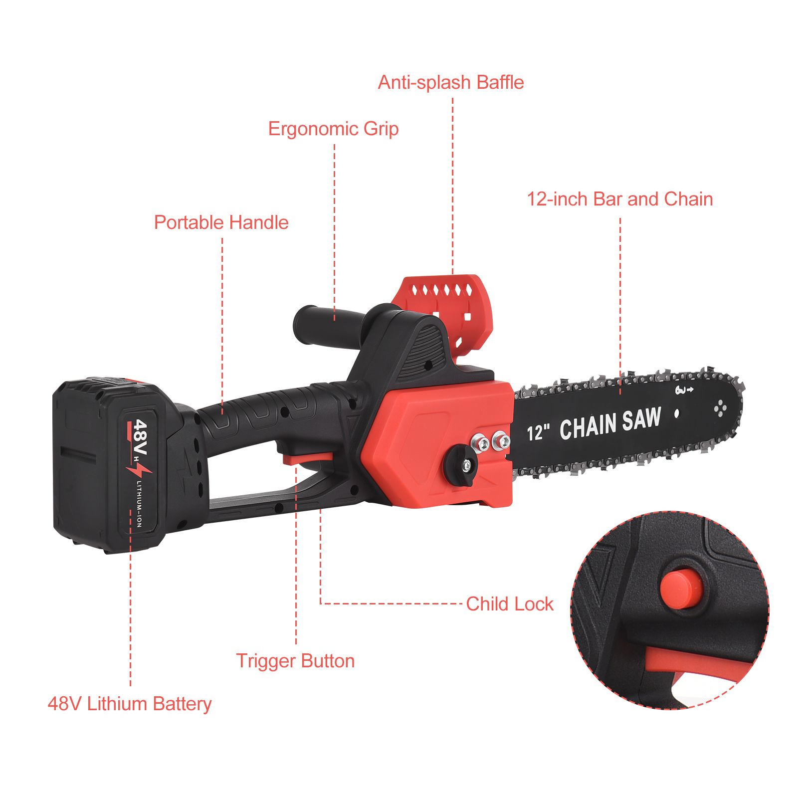 12 inches Cordless Electric Chainsaw with Brushless Motor 48-Volt Lithium-ion