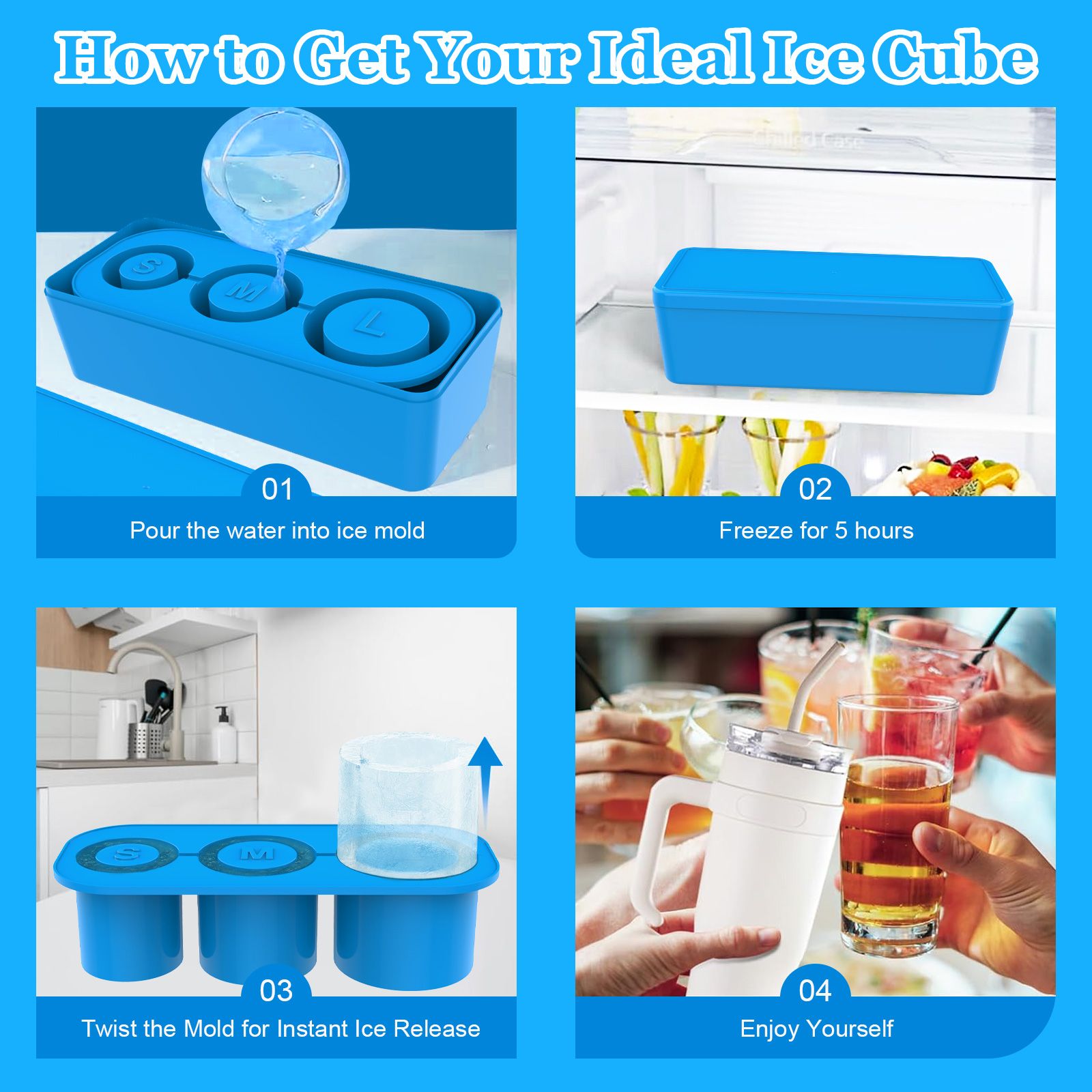 Reusable Silicone Ice Cube Tray with Lid and Bin for 40oz Tumbler Cup 3Pcs