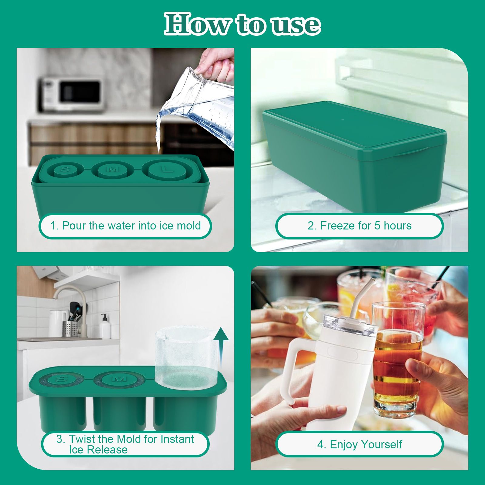 Reusable Silicone Ice Cube Tray with Lid and Bin for 40oz Tumbler Cup 3Pcs