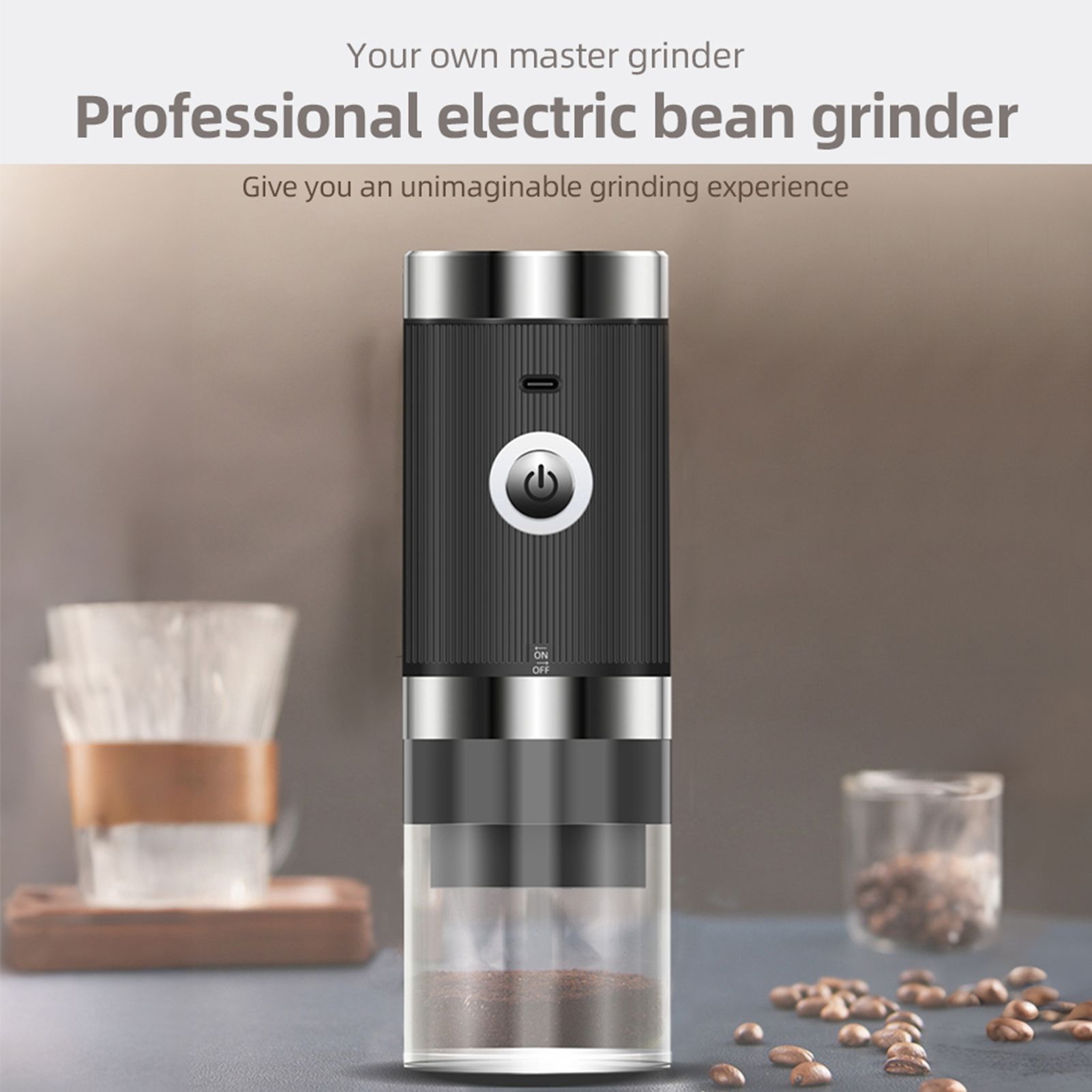 Electric Coffee Bean Grinder 5 Level Adjustable Auto Stop Portable Cordless