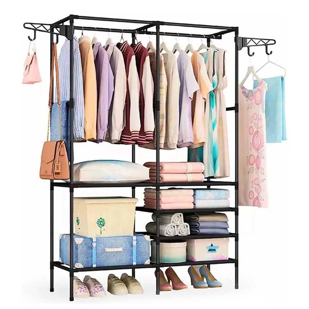 Double Rod Clothes Rack with 6 Storage Shelves Durable Steel Pipe Garment Rack view 3