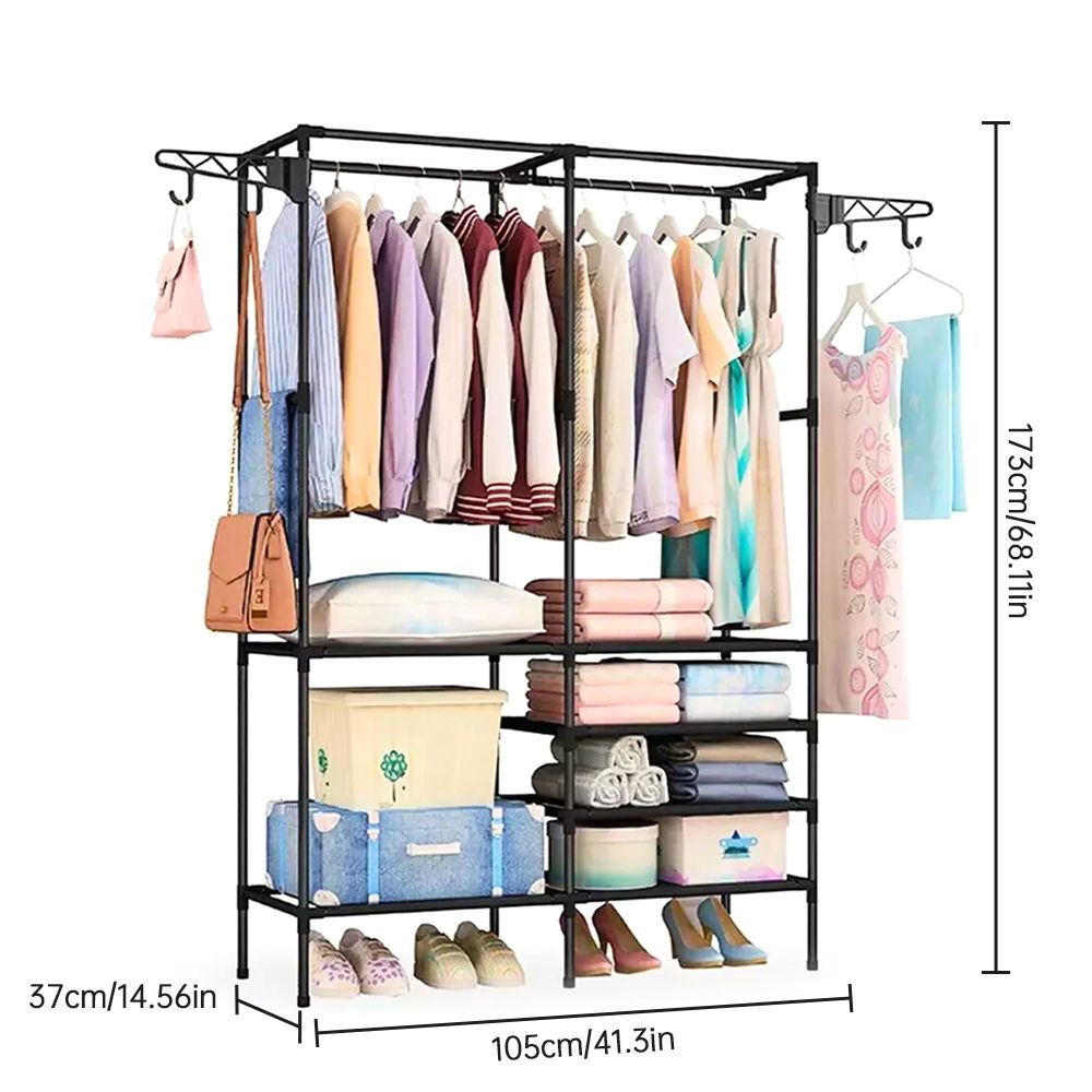 Double Rod Clothes Rack with 6 Storage Shelves Durable Steel Pipe Garment Rack view 4