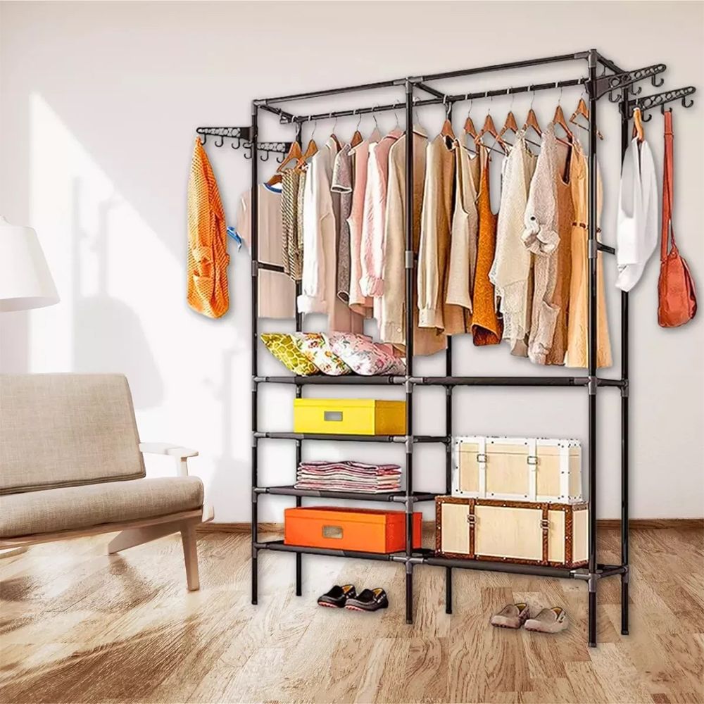Double Rod Clothes Rack with 6 Storage Shelves Durable Steel Pipe Garment Rack view 9