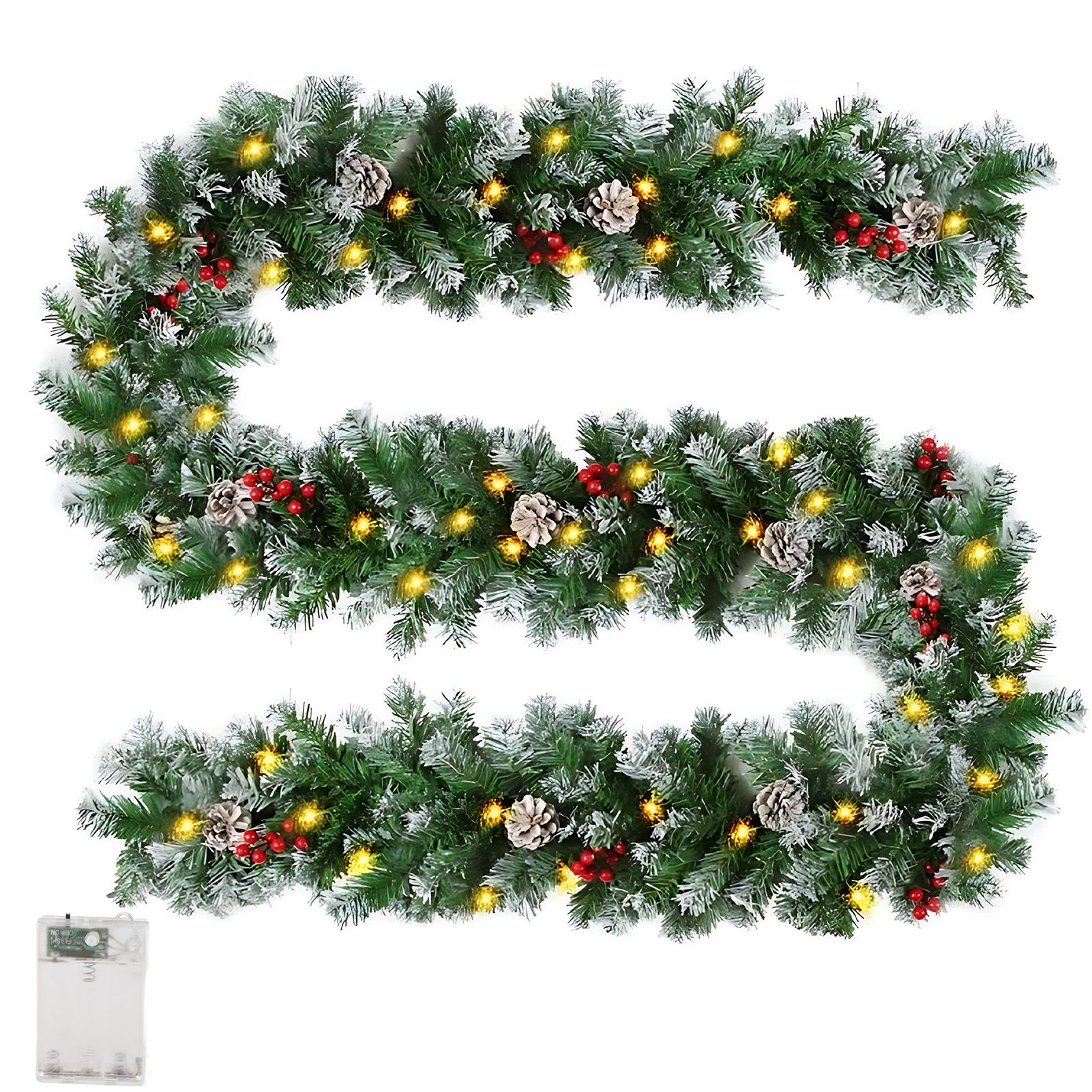 Pre Lit Xmas Garland with Pine Cones and Berry Clusters Artificial Garland