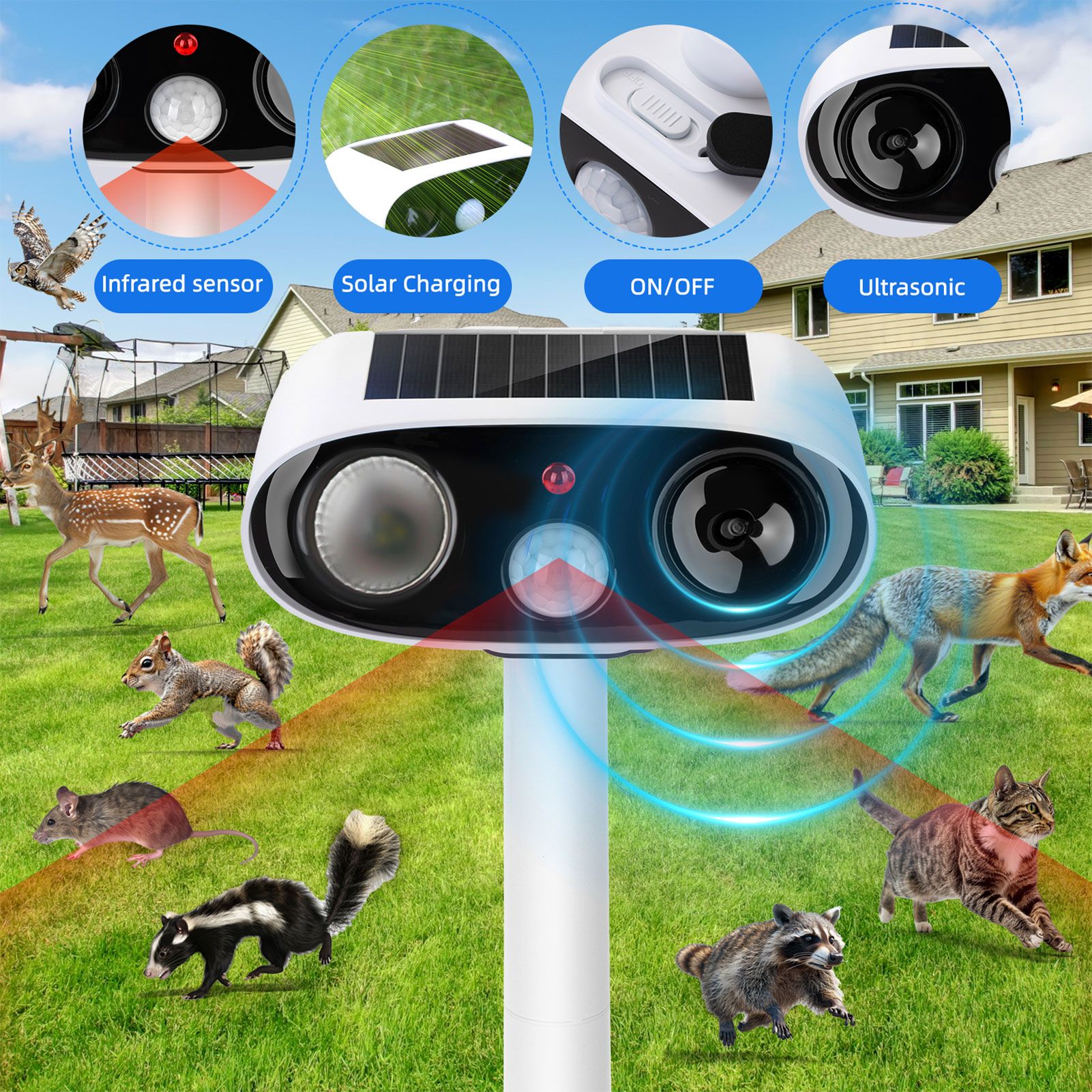 Solar Repellent Ultrasonic Outdoor Pest Bird Squirrel Animal Repeller view 8