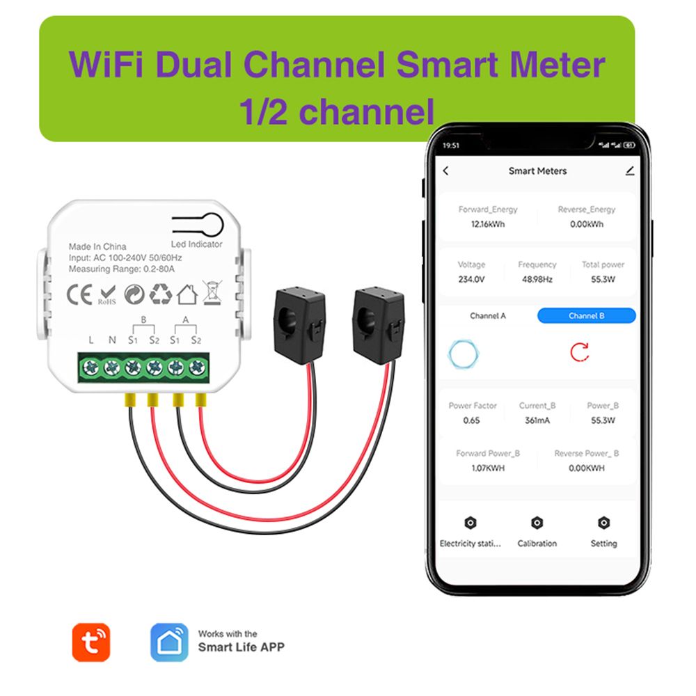 Smart Energy Meter TY Power Consumption Monitor with 2 80A CT Clamp view 12