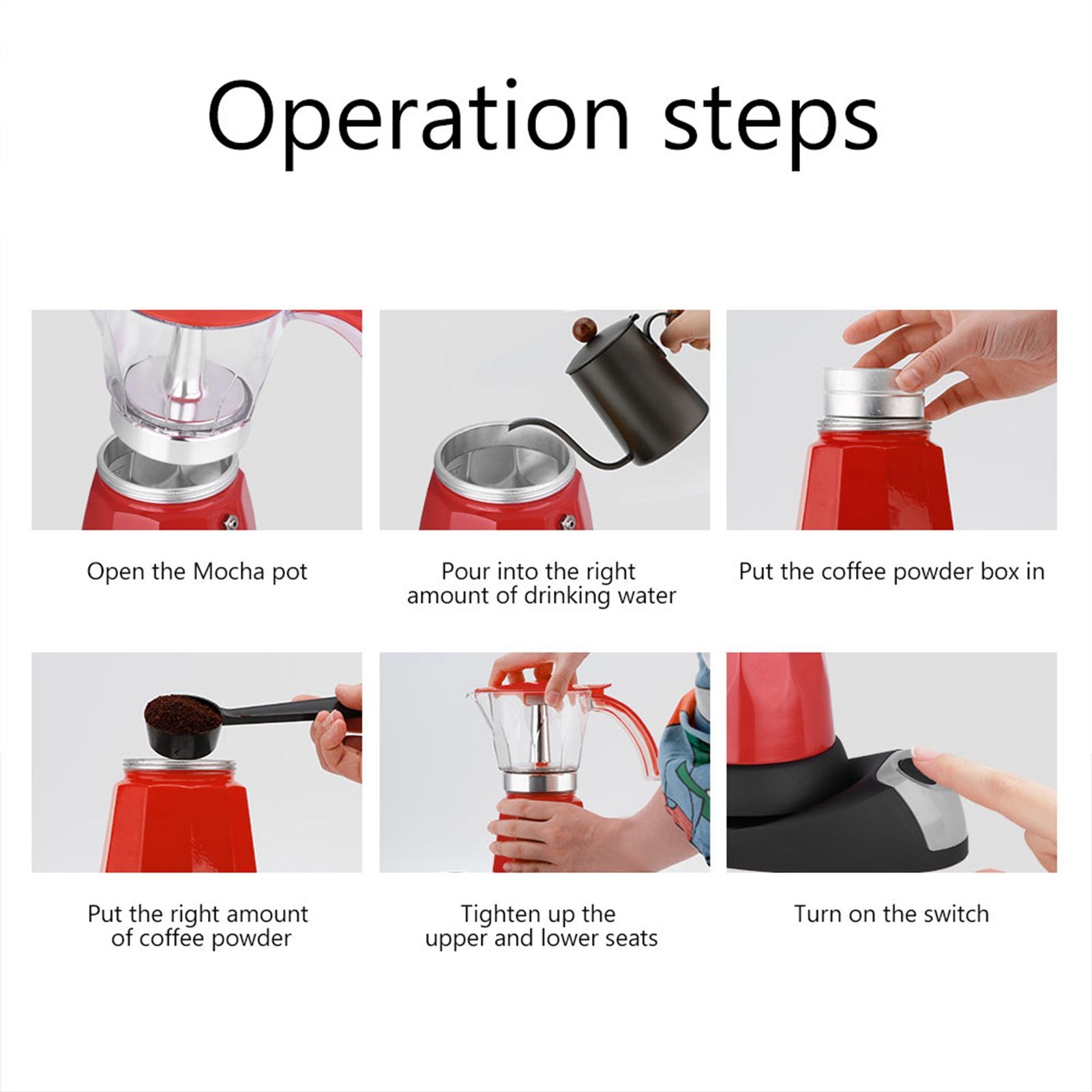 300ml/6 Cups 480W Electric Moka Pot Detachable Kitchen Stovetop Coffee Maker Red view 11