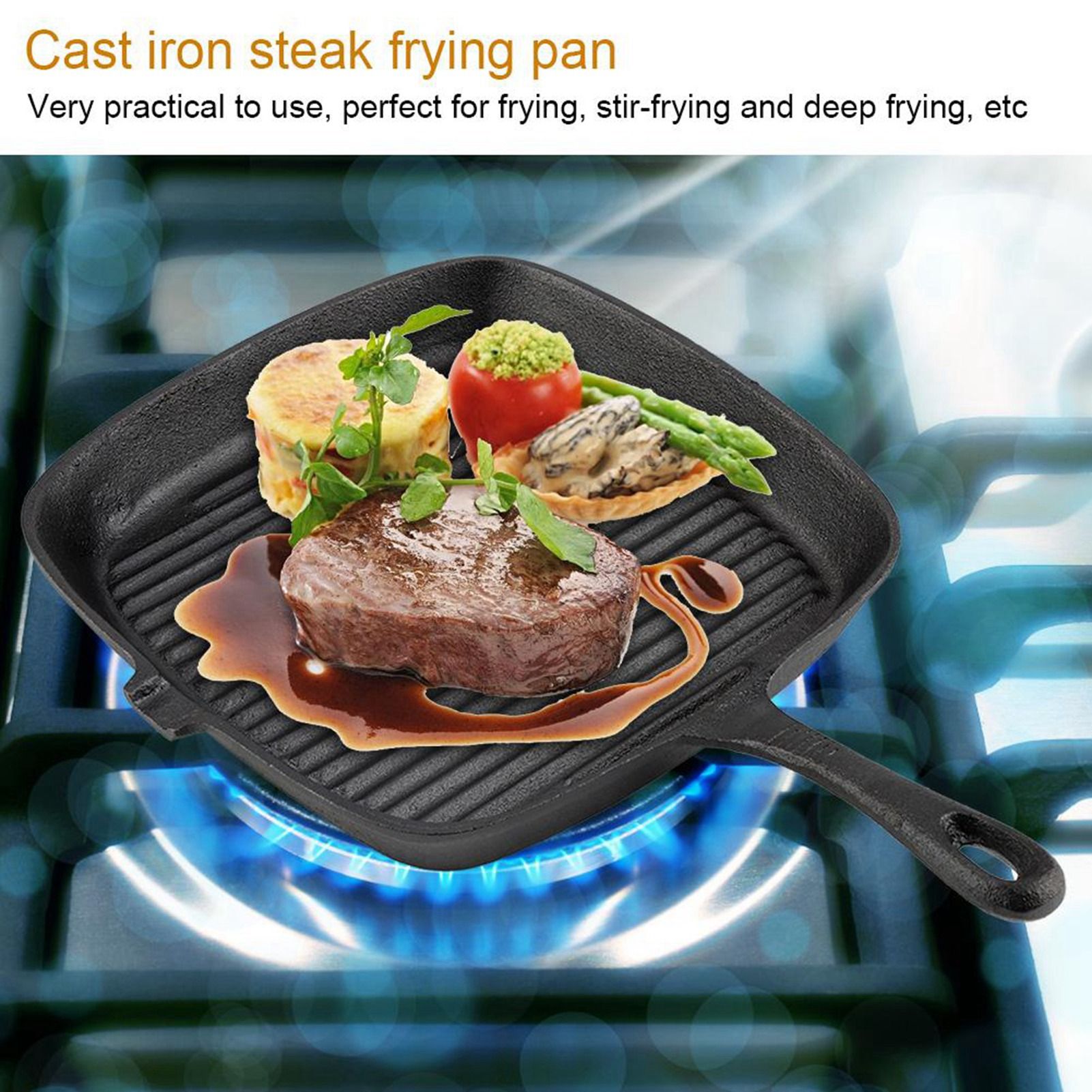 Cast Iron Steak Frying Pan Food Meals Gas Induction Cooker Cooking Pot Kitchen view 3