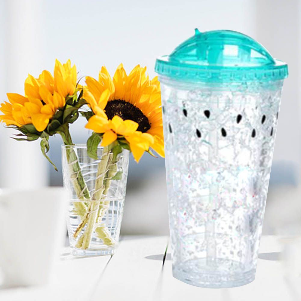 Summer Water Bottle Double Plastic Iced Coffee Cup with Straw for Travel