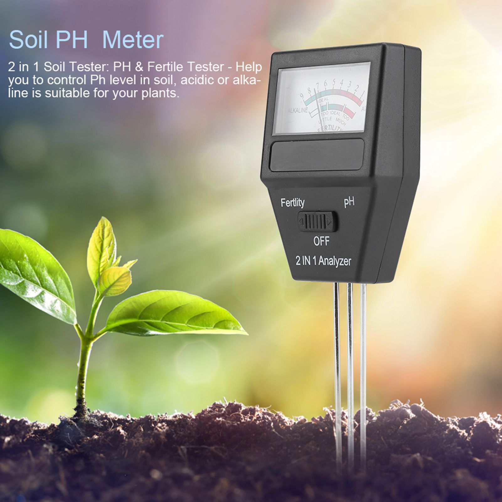 2 in 1 High Precision Fertile Soil PH Tester Meter for Garden Plant Flower — image 1
