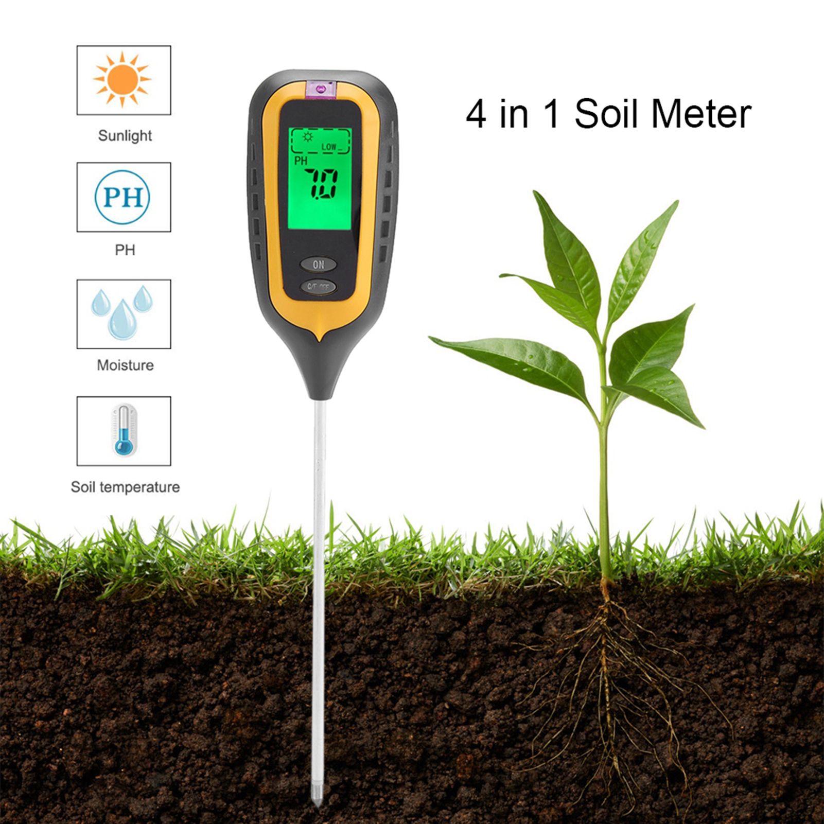 4 In 1 LCD Moisture Temperature Sunlight PH Tester Meter Garden Soil view 5