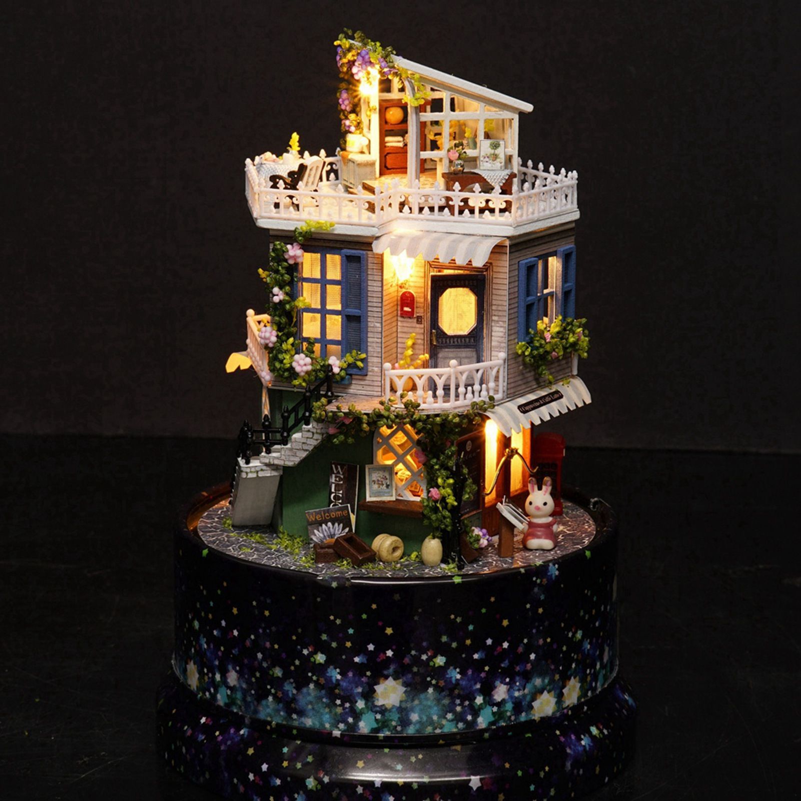Creative DIY Dollhouse Dream House Miniature with Rotate Music Box Dust Cover view 3