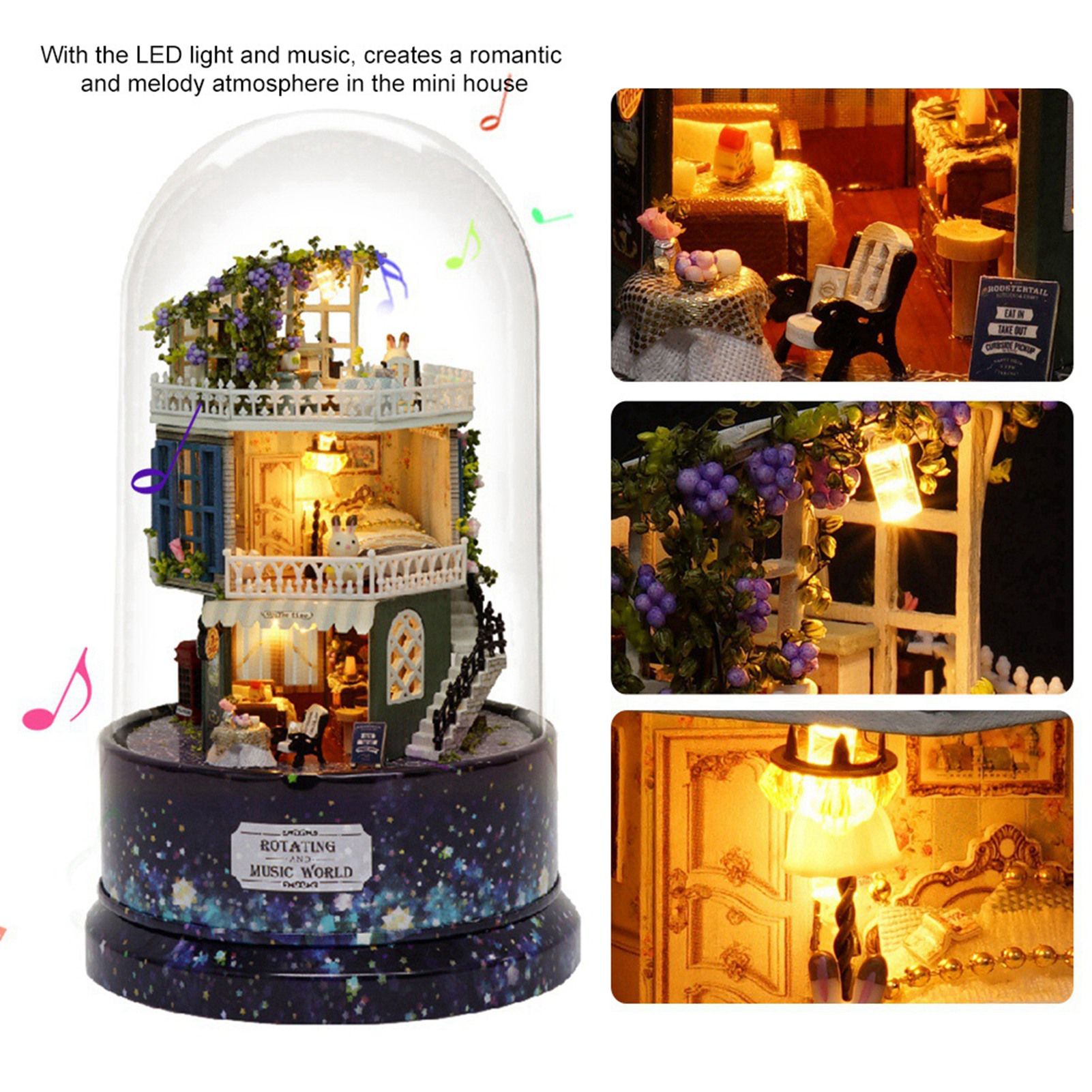 Creative DIY Dollhouse Dream House Miniature with Rotate Music Box Dust Cover view 11