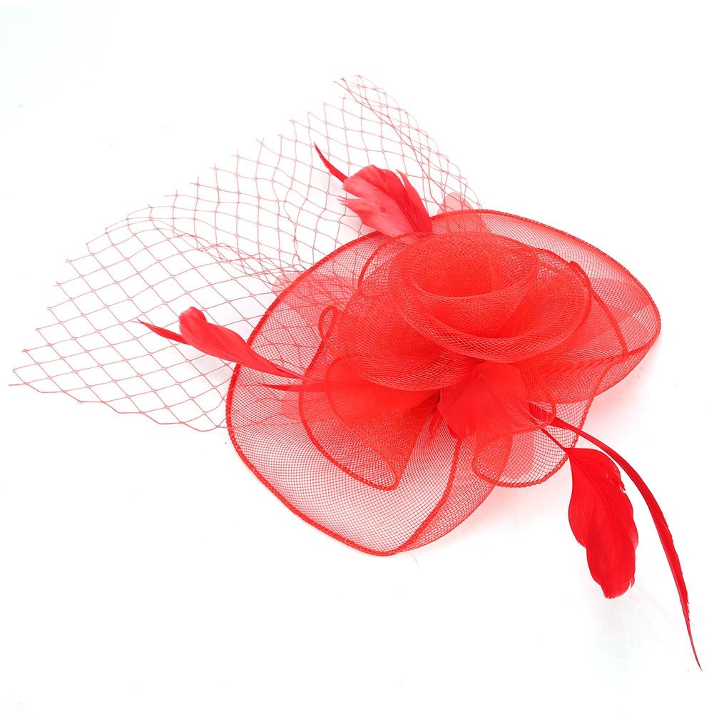 Ladies Gauze Hat Bridal Wedding Birdcage Fascinator Feather Hair Accessory (Red)