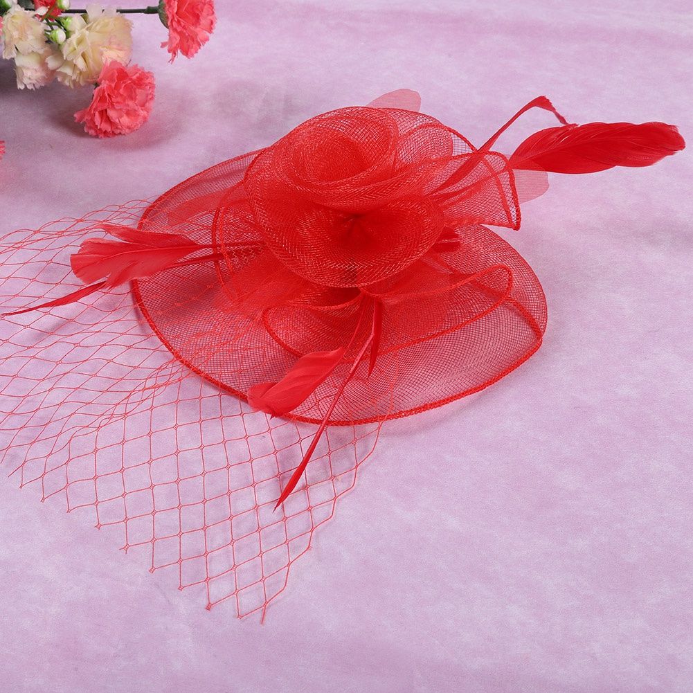 Ladies Gauze Hat Bridal Wedding Birdcage Fascinator Feather Hair Accessory (Red) view 5