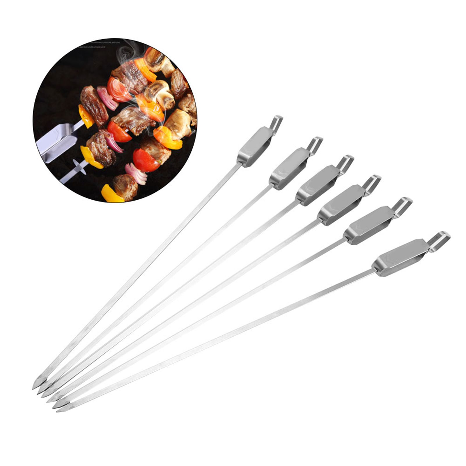 6PCS Long BBQ Barbecue Sliding Grilling Cooking Stainless Steel Kebab Flat Skewers view 4
