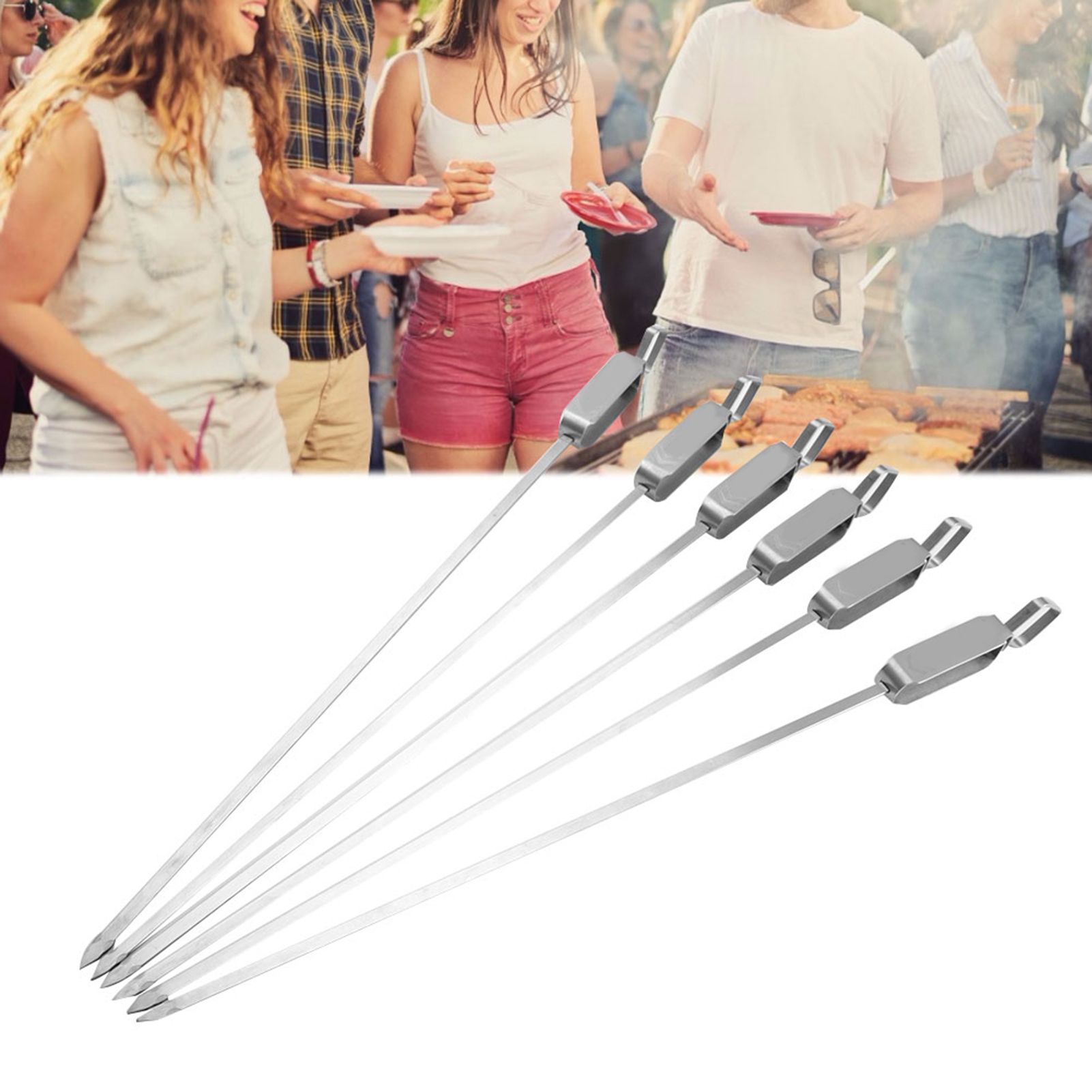 6PCS Long BBQ Barbecue Sliding Grilling Cooking Stainless Steel Kebab Flat Skewers view 5