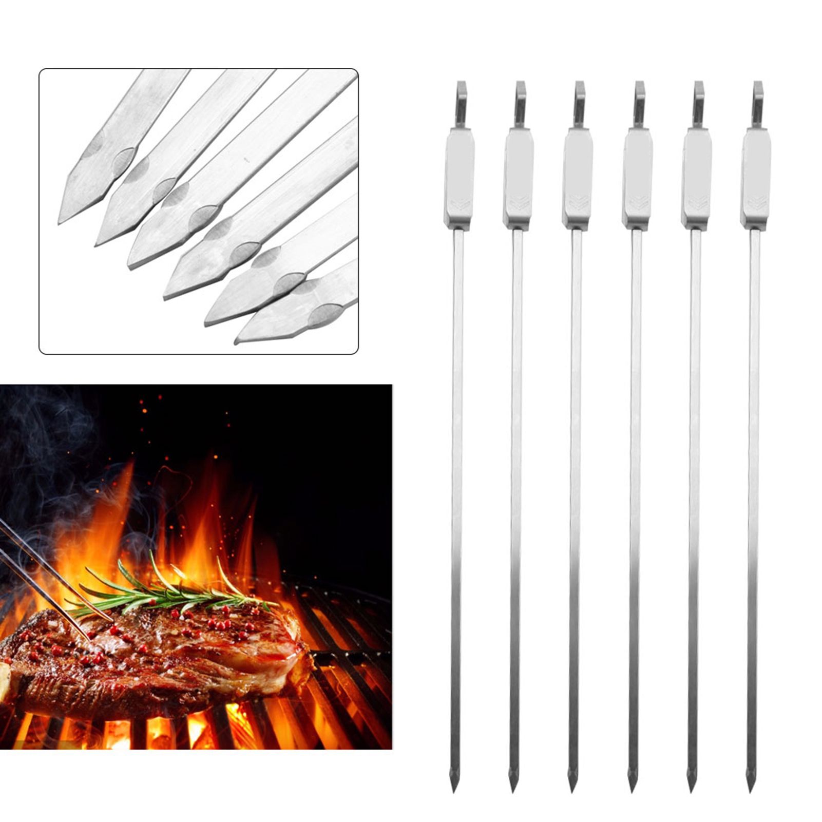6PCS Long BBQ Barbecue Sliding Grilling Cooking Stainless Steel Kebab Flat Skewers view 6