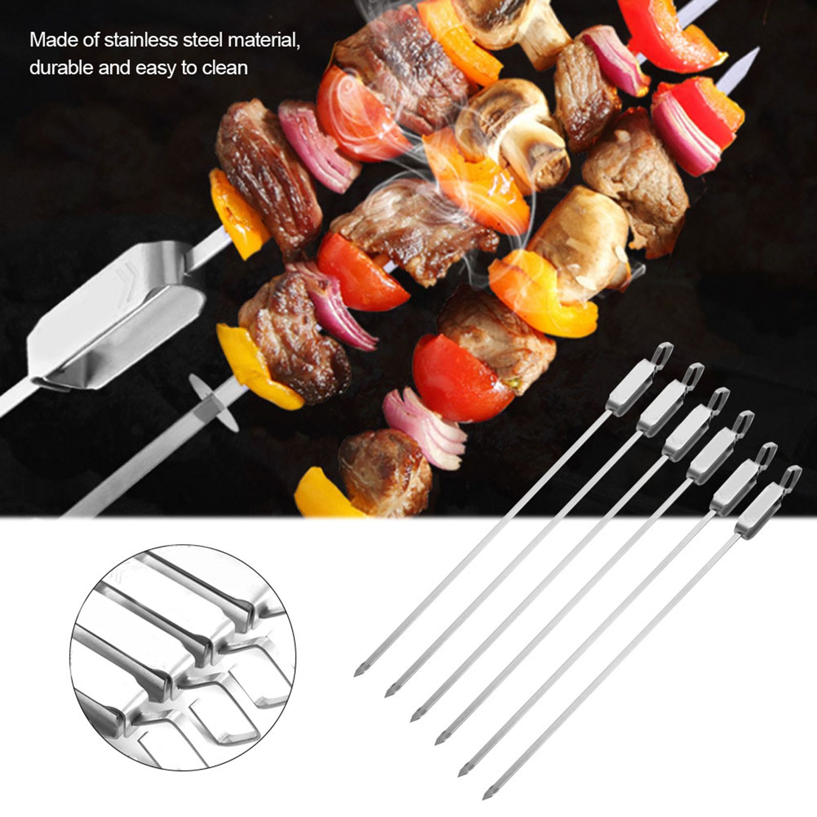 6PCS Long BBQ Barbecue Sliding Grilling Cooking Stainless Steel Kebab Flat Skewers view 7