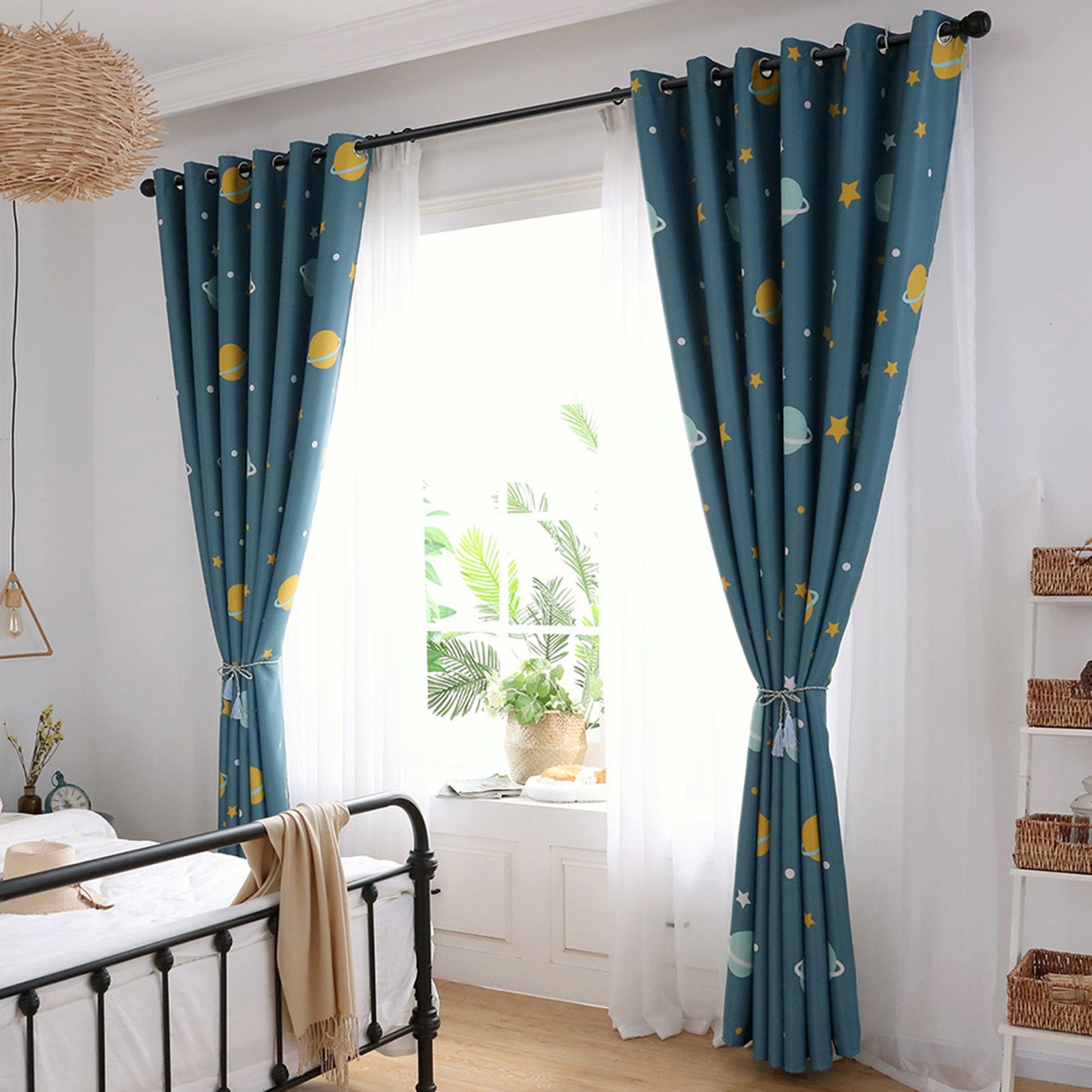 Cartoon Blue Planets Polyester Curtains Lightproof Curtain Bedroom Living Room view 6