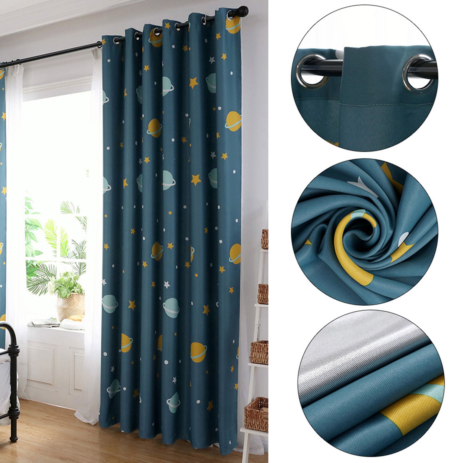 Cartoon Blue Planets Polyester Curtains Lightproof Curtain Bedroom Living Room view 7