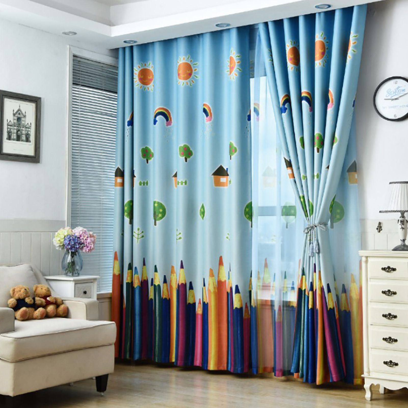Window Curtain Cartoon Pencils Pattern Sheer Drape Curtain Child Kids Room Bedroom view 3