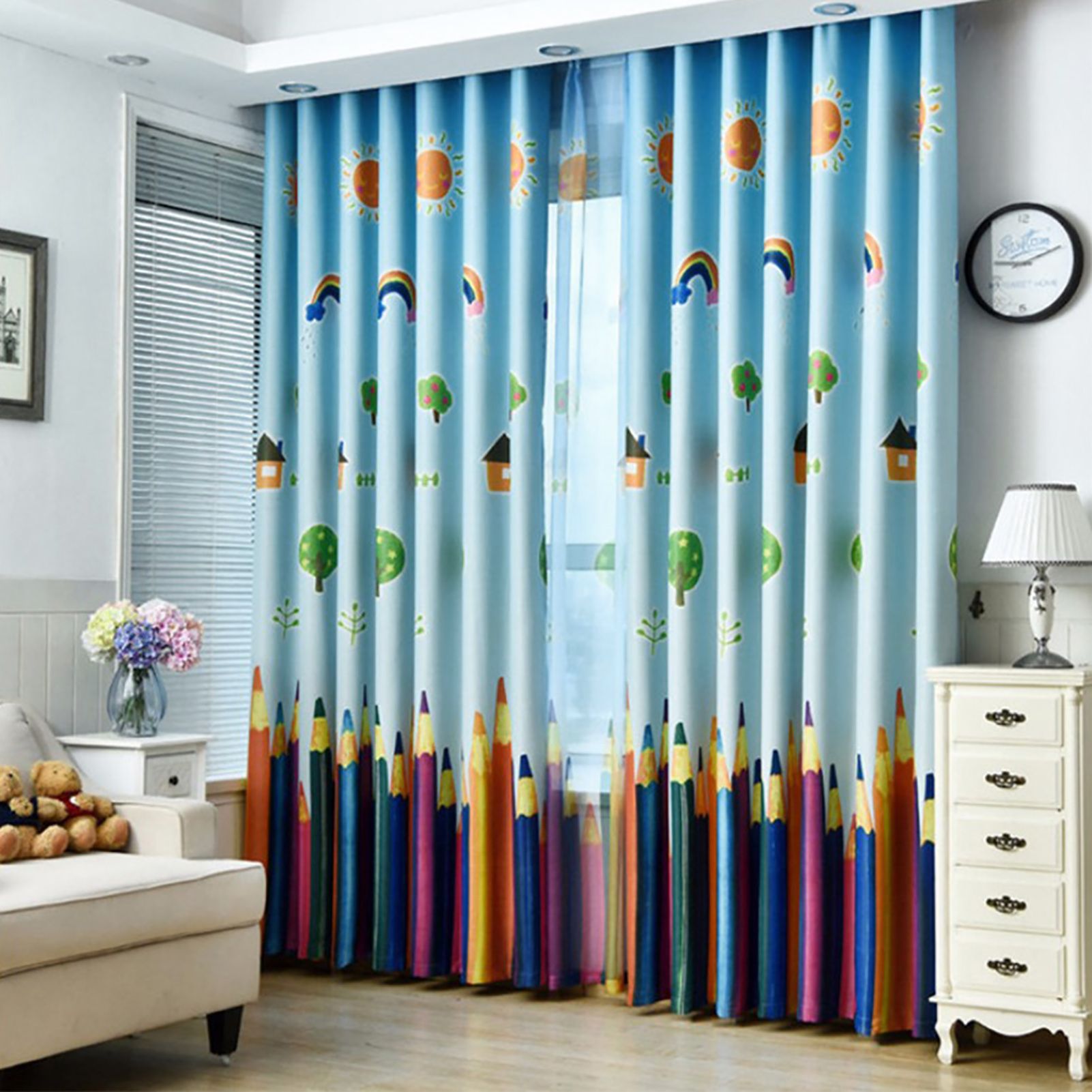Window Curtain Cartoon Pencils Pattern Sheer Drape Curtain Child Kids Room Bedroom view 4